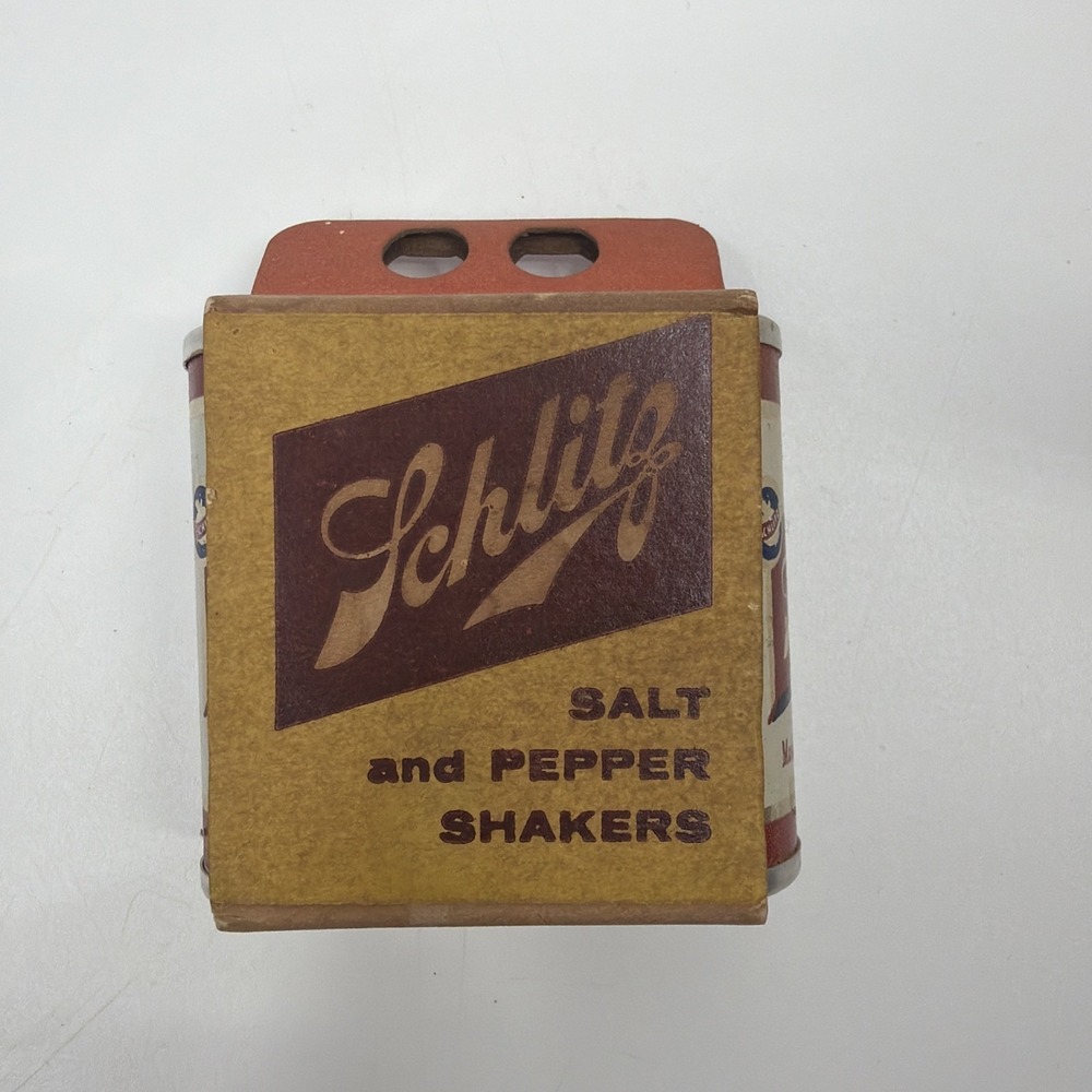 Vintage 1957 SCHLITZ BEER ADVERTISING SALT & PEPPER SHAKERS - Cans in Carrier